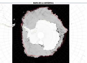 El continente Antártico y en línea roja, la extensión del hielo marino.  